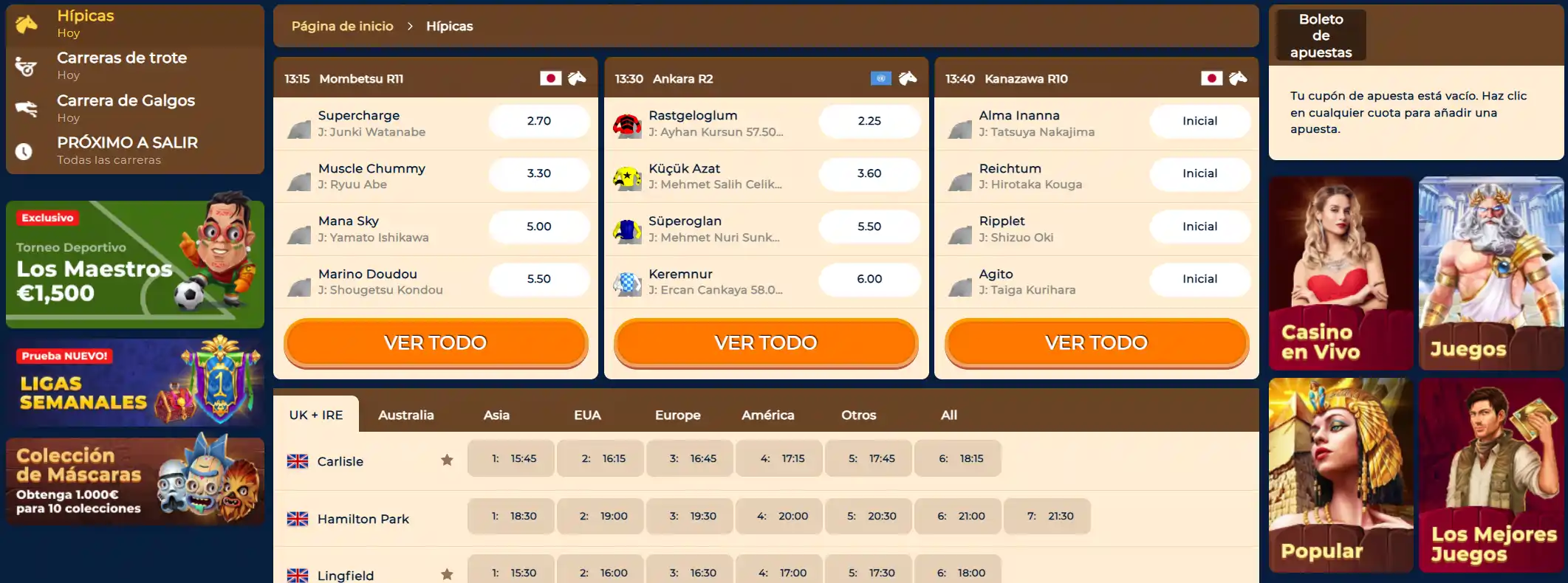 Wazamba Casino apuestas hípicas con carreras y cuotas