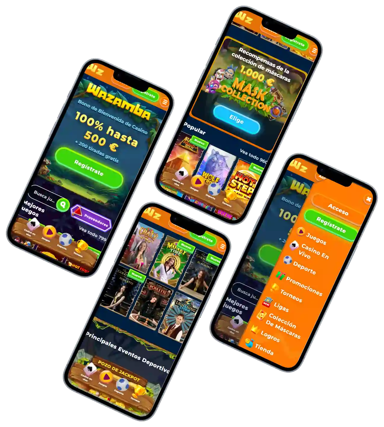 Wazamba Casino versión móvil con juegos, bonos y menú